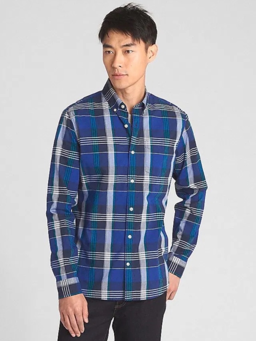 GAP Plaid Lived-In Stretch Poplin Slim Fit Button Down Oxford Shirt